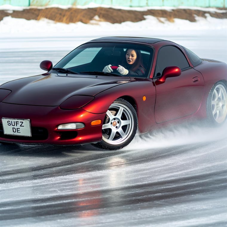 A person driving a car on an icy track, maneuvering through challenging conditions with precision and skills in a sports car on a ice track