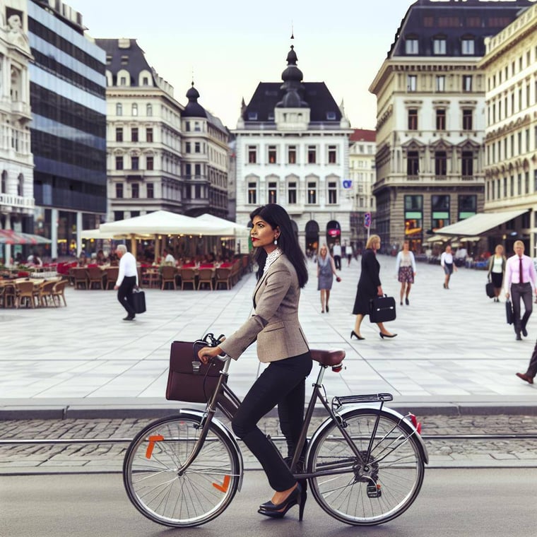 A person on a bike going to work on a busy european city