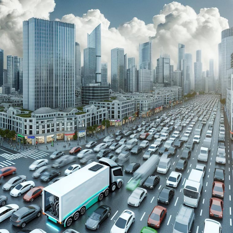a big city with an electric truck in the trafic jam