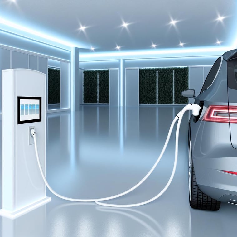 A garage with a sleek, modern design featuring a charging station for an electric sports vehicle.