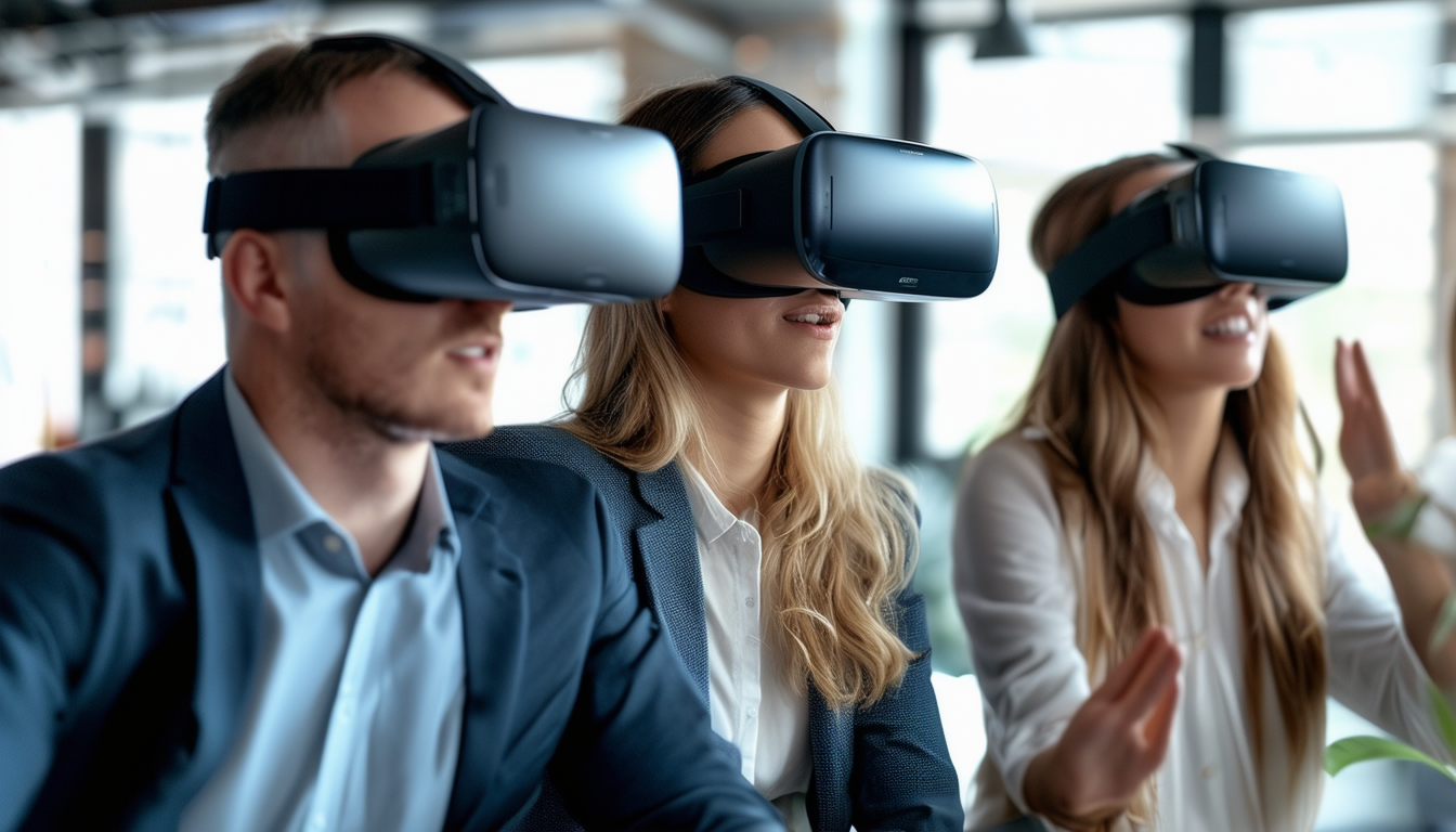 A business team engaging with virtual reality head