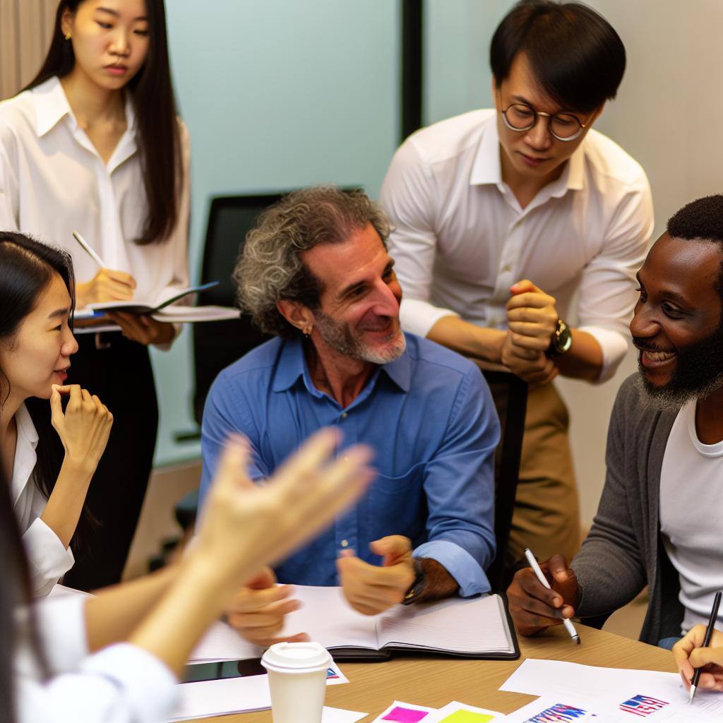 A diverse group of individuals of different genders engaging in a lively discussion and brainstorming session in a boardroom setting.