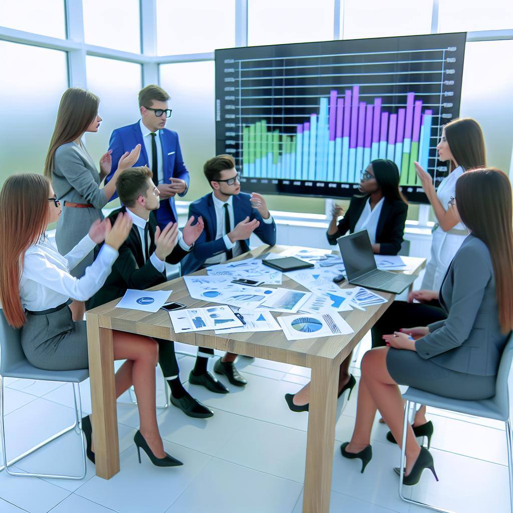 A group of diverse business professionals discussing strategies in a modern office setting, with charts and graphs displayed on a large screen in the background.