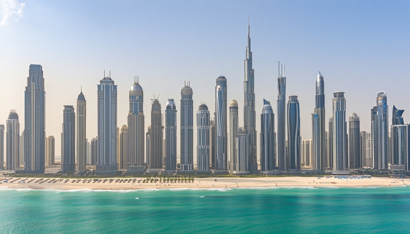 A panoramic view of Dubais skyline with various h