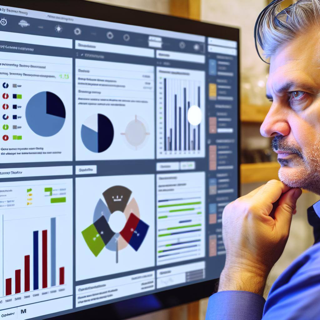 A person looking at different options on a screen, with various graphs and charts related to restaurant management solutions.