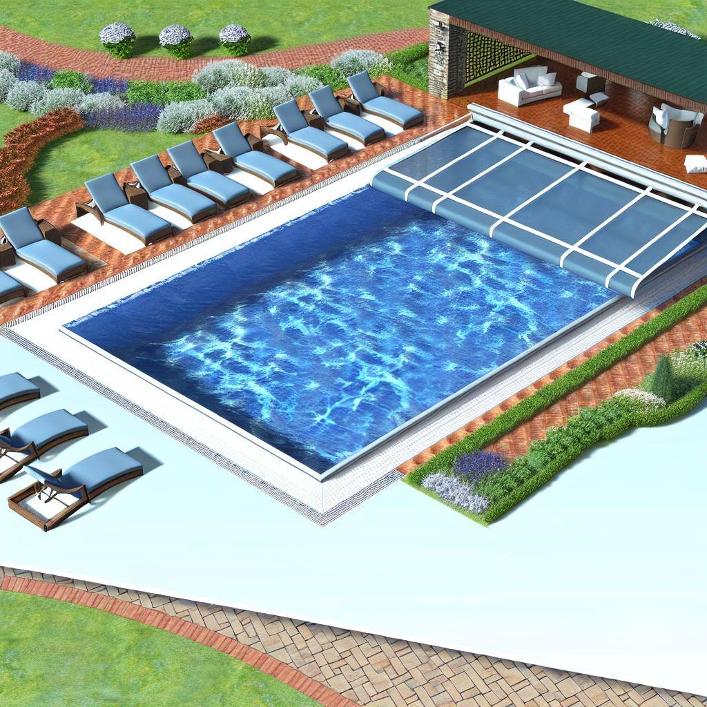 A pool with a telescopic cover, surrounded by a spacious outdoor area. The whole picture has to be very realistic