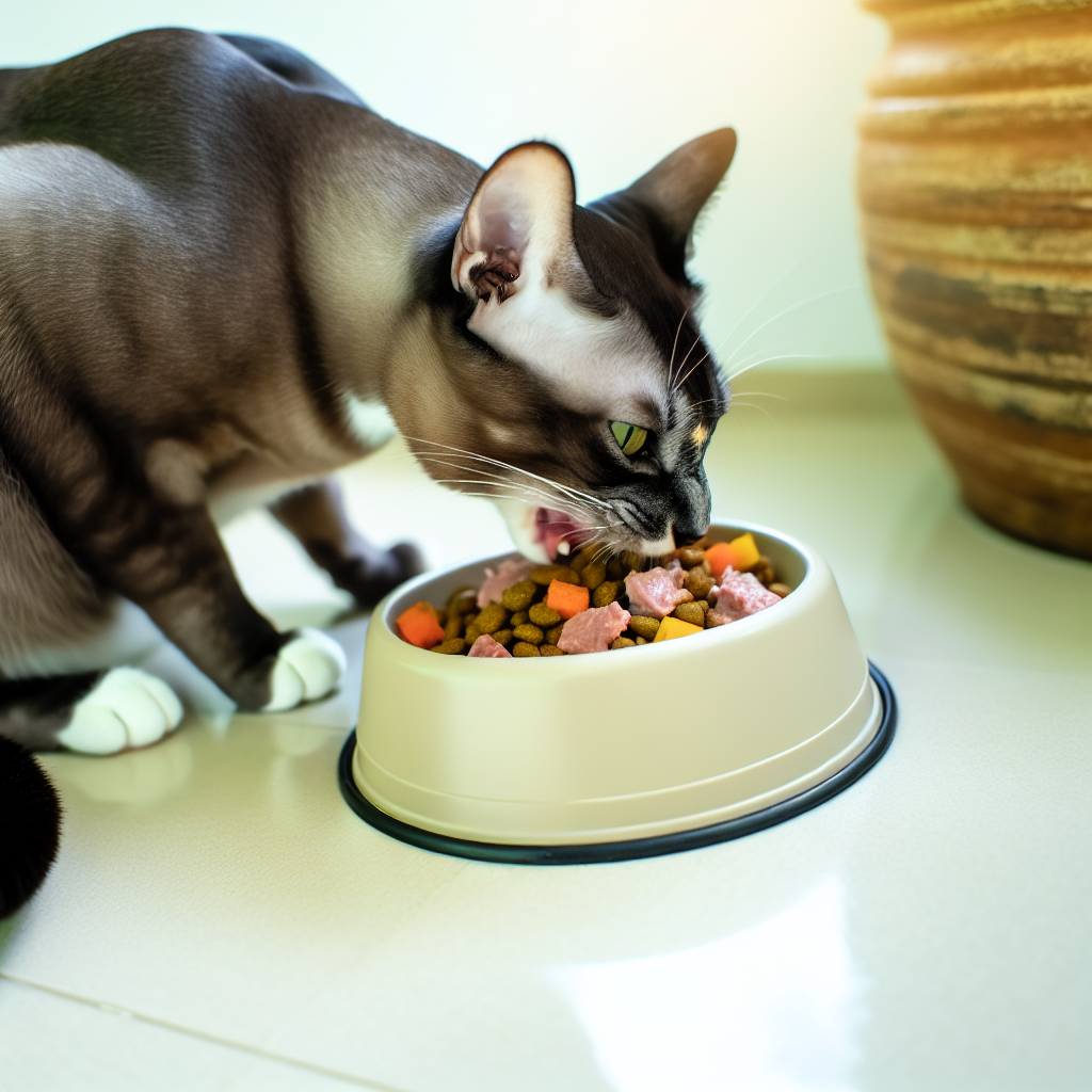 Un chat heureux et en bonne santé mangeant un bol 