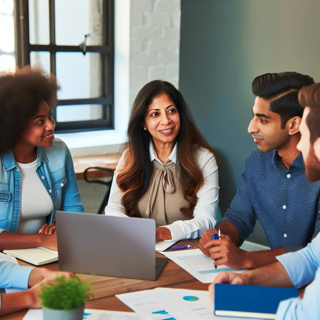 Une équipe diversifiée de professionnels travaillant ensemble autour d'une table de réunion, discutant et échangeant des idées de manière collaborative.