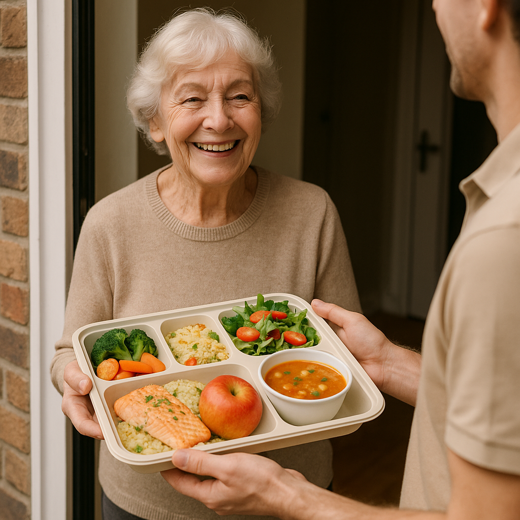 Une personne âgée souriante recevant un plateau-re