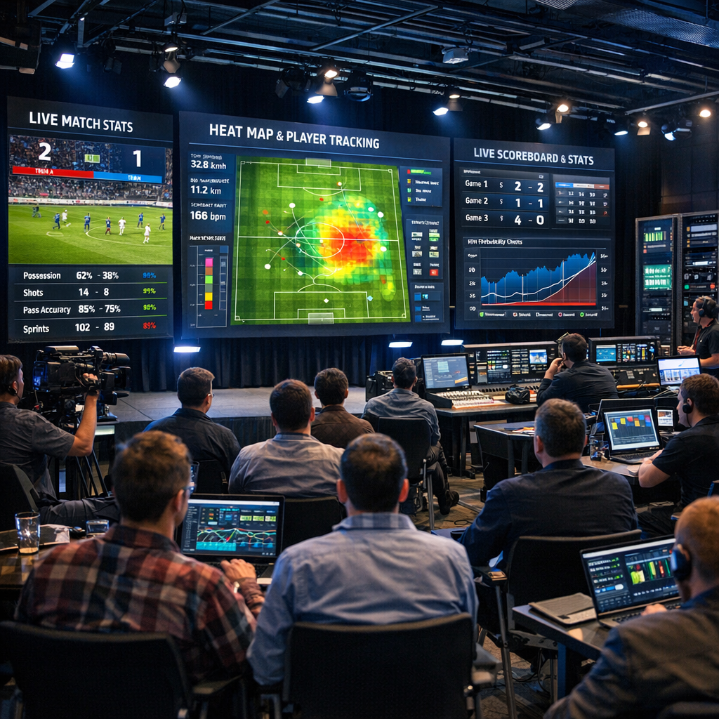 Modern Event Hall with RealTime Analytics Screens During Sports Event